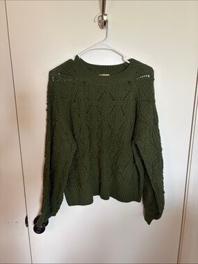 Harper Olive Green Open-Knit Crewneck Sweater